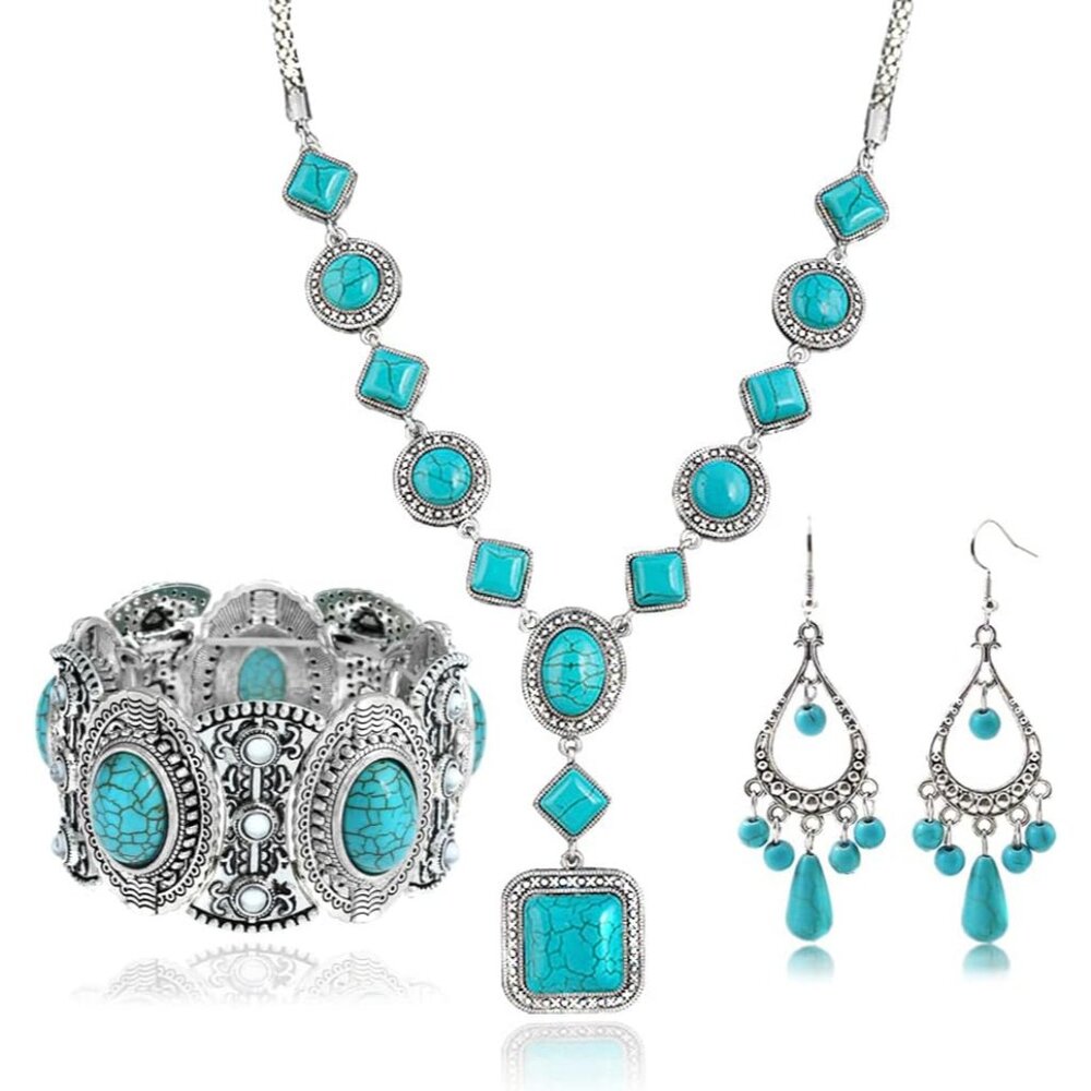 Bohemian Turquoise Necklace Set - Women's Western Jewelry with Long Choker, Pend